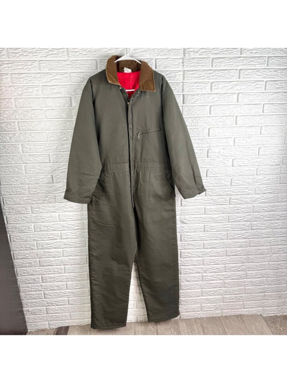 Vtg Green Insulated Workwear Coveralls Corduroy Collar Red Quilted Lining Large
